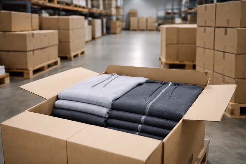 Offener Exportkarton mit ordentlich gefalteten Pullover- und Zip-up-Hoodies in einem professionellen Lager