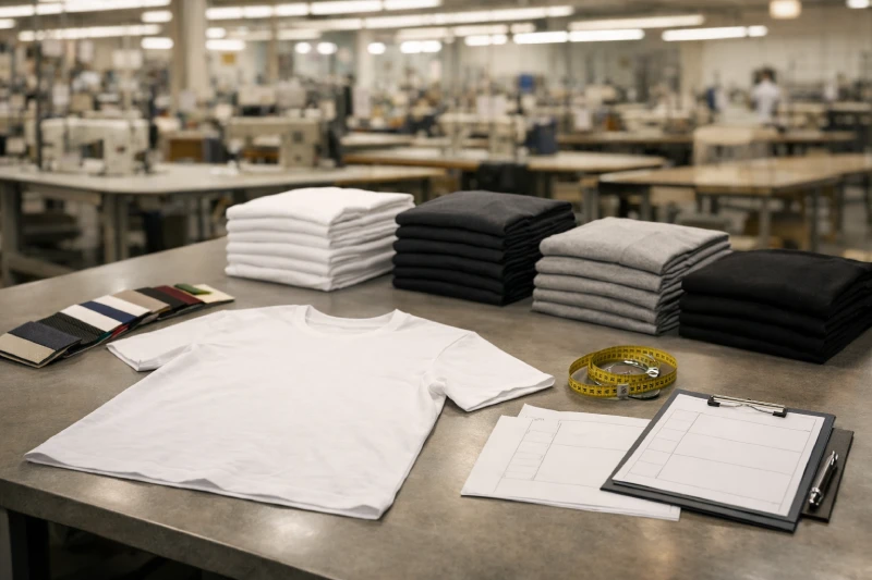 Bulk T-shirt ordering process showing sample validation table and folded garments in apparel factory production environment.