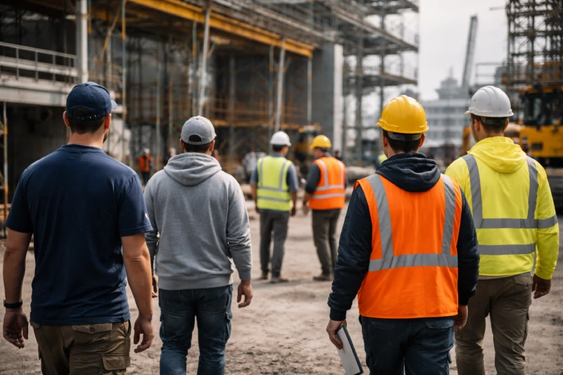 Workers wearing different types of workwear at a large-scale construction project site