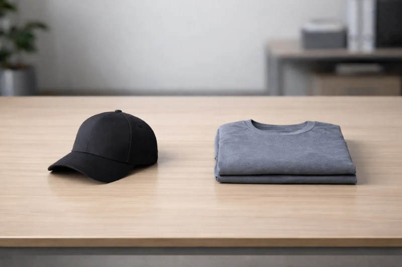 Comparatif achats B2B de l’habillement montrant une casquette structurée et un vêtement athlétique pour une prise de décision spécifique à chaque catégorie