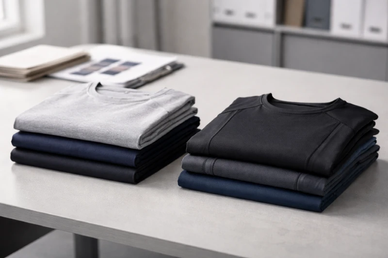 Échantillons de vêtements à coupe compression et à coupe classique pliés, disposés côte à côte sur une table de planification, illustrant les considérations de décision d’achat en volume pour des programmes B2B d’habillement