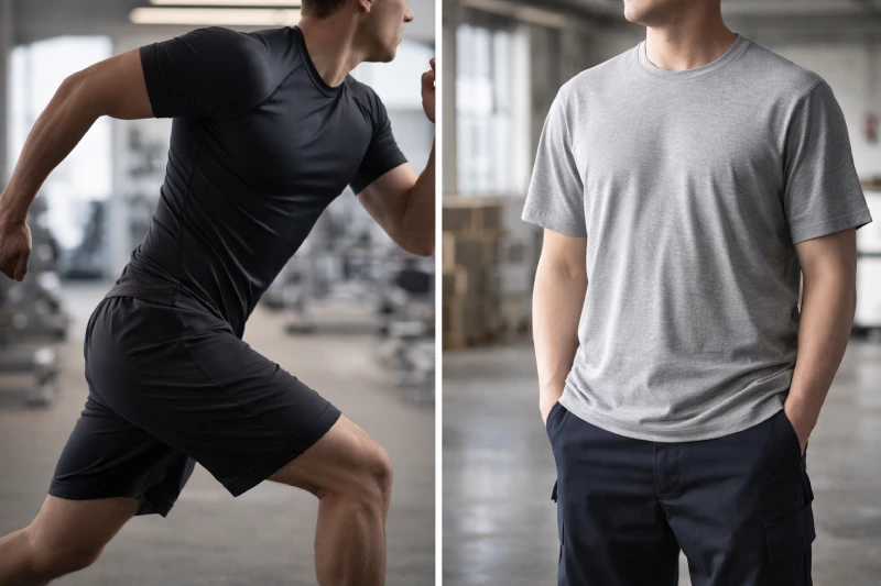 Comparaison entre des vêtements à coupe compression et à coupe classique dans différentes conditions d’utilisation, montrant l’élasticité du tissu en mouvement actif et un tombé plus relâché lors d’un port à faible intensité