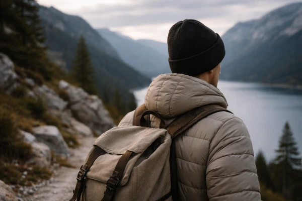 Acrylic knit beanie worn during outdoor travel in cool weather