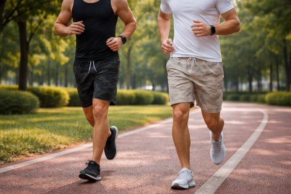 Camo shorts worn during a jog in a park.