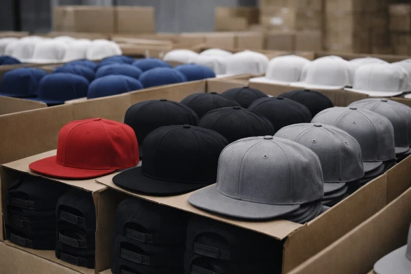 Custom flat brim snapback caps prepared for brand distribution