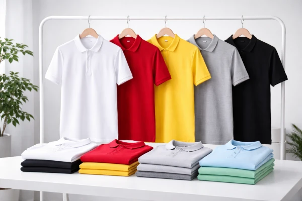 Custom knitted piqué polo shirts prepared for branded promotional apparel programs