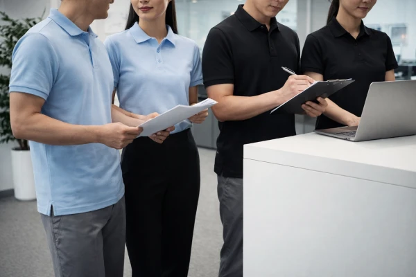 Knitted piqué polo shirts used as corporate uniform apparel in a professional office setting
