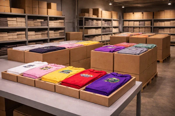 Branded custom logo pullover hoodies stacked and ready for bulk distribution.