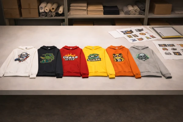 Custom logo pullover hoodies with graphic prints ready for promotional apparel development.