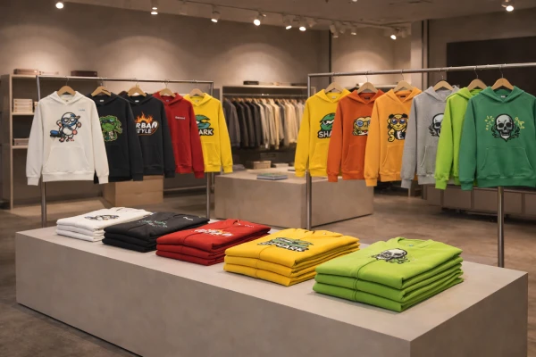 Unisex pullover hoodies with custom logos displayed in a winter fashion showroom.