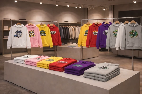 Custom logo pullover hoodie displayed in a winter fashion showroom.