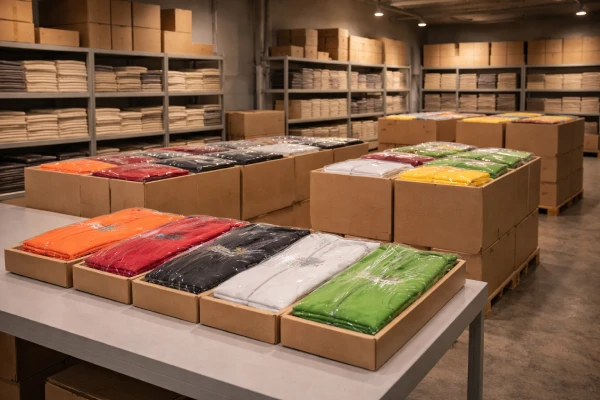 Branded custom logo zipper pullover hoodies stacked and ready for distribution.