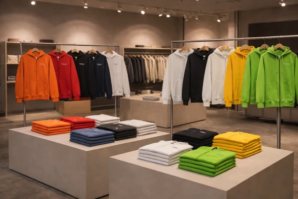 Custom logo zipper pullover hoodies displayed in a streetwear-focused showroom environment.