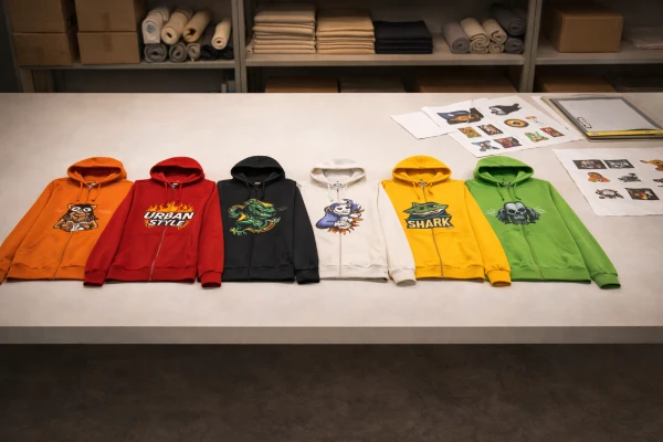 Vintage-style pullover hoodies with custom graphics ready for winter fashion collection development.