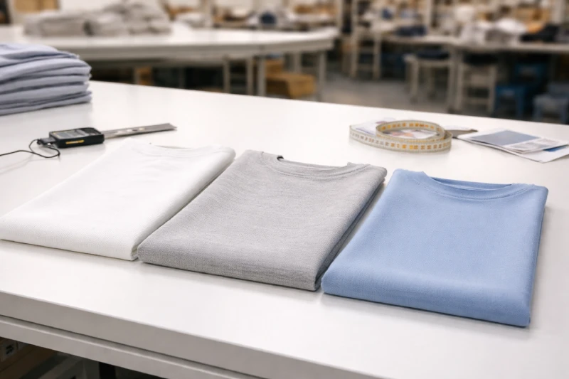 Fabric comparison setup for custom T-shirts in bulk orders showing cotton, cotton-poly blend, and polyester fabric panels on an apparel factory inspection table.
