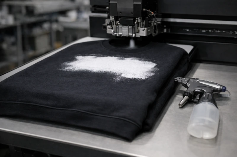 Dunkles Sweatshirt auf der DTG-Druckerplatte mit sichtbarer weißer Unterdruckschicht und Vorbehandlungs-Sprühwerkzeug in industrieller Produktionsumgebung