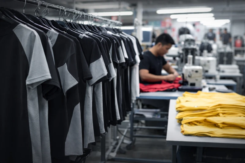 Fitness apparel OEM manufacturing factory with athletic shirts on racks and worker operating industrial sewing machine in production line environment