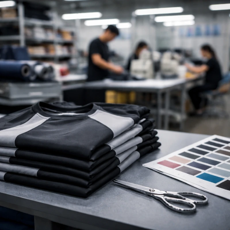 Fitness apparel OEM sampling and production quality control process with folded athletic garments, color swatches, and sewing workshop background