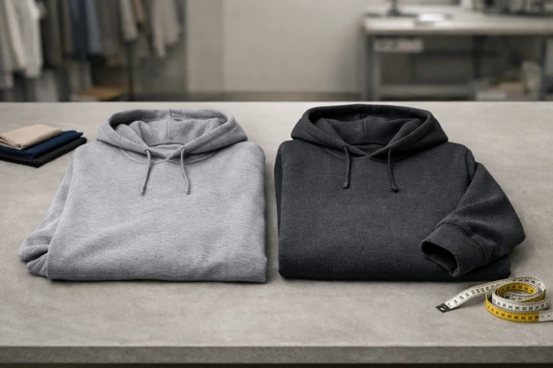 Fleece vs cotton hoodies laid side by side in a professional garment sampling workspace for corporate and promotional B2B evaluation.