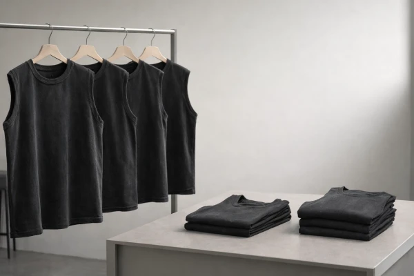 Heavyweight washed cotton sleeveless vest displayed for streetwear collection development