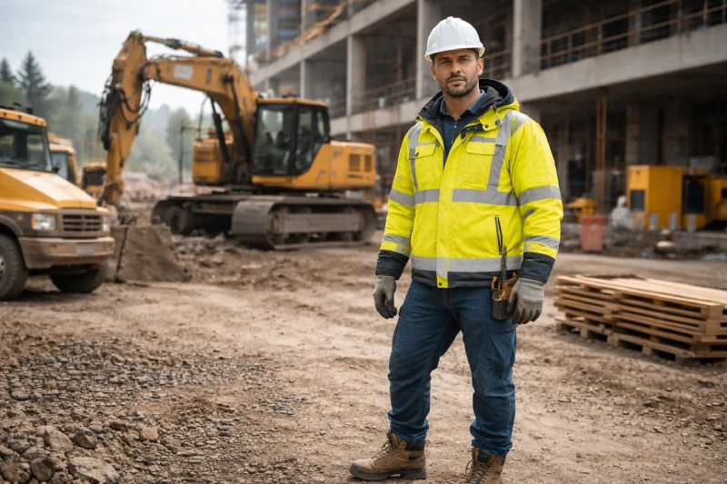 Ouvrier du bâtiment portant une veste de sécurité haute visibilité, des gants de protection, des chaussures de sécurité et un casque sur un chantier en activité, avec des machines et un bâtiment inachevé en arrière-plan