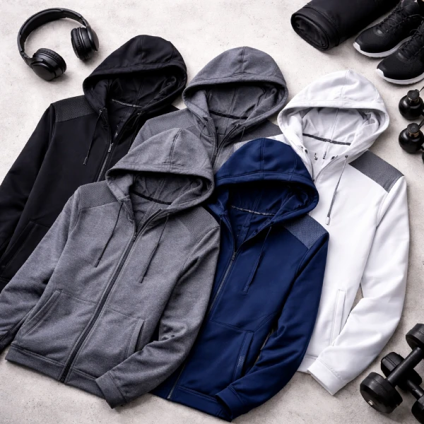 Athletic hoodies for lightweight layering arranged flat lay with fitness accessories, showcasing versatile team apparel for warm-ups and cooler training environments