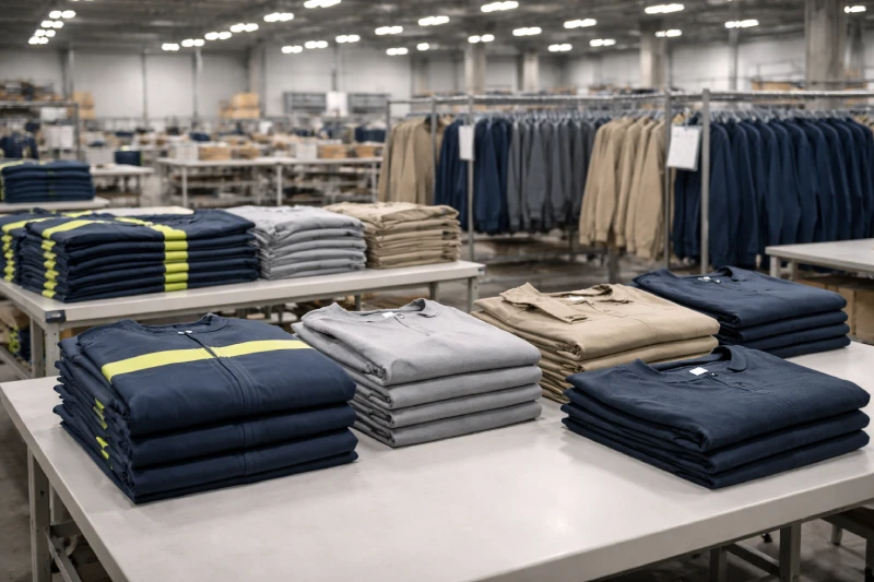 Production en grande série de vêtements de travail industriels avec pliage et tailles cohérents