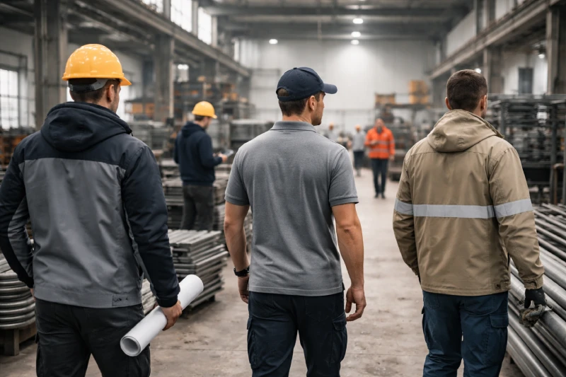 Industrial workers wearing compliant workwear in a factory environment