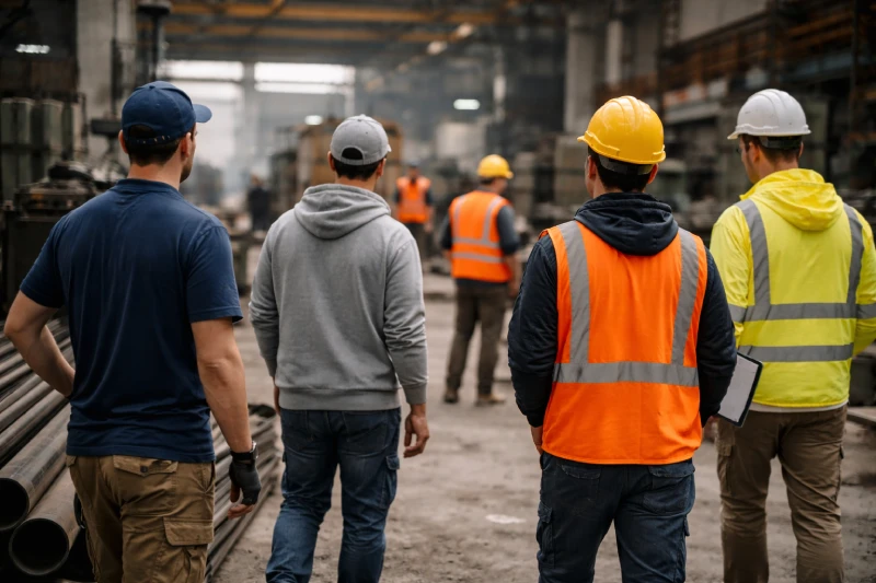 Des travailleurs portant différents types de vêtements de travail dans un environnement industriel en activité
