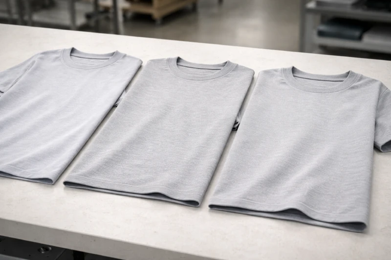 ثلاثة تيشيرتات سادة بألوان حيادية موضوعة بشكل مسطح جنبًا إلى جنب تُظهر بنى أقمشة خفيفة ومتوسطة وثقيلة الوزن لمقارنة GSM لطباعة DTG ضمن مساحة عمل احترافية للملابس.