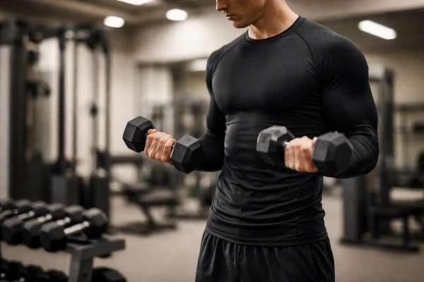 Men’s long sleeve compression rash guard worn during indoor gym strength training session