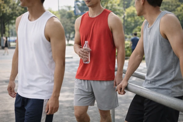 Men wearing breathable sleeveless polyester tank tops in casual summer activity setting