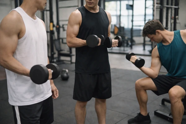 Men wearing lightweight polyester athletic tank tops during indoor gym training session