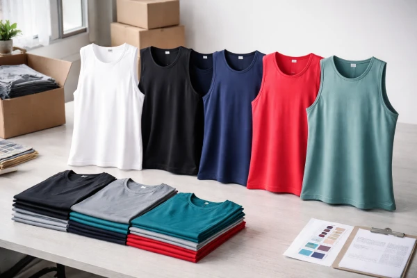Solid color men’s polyester athletic tank tops prepared for sportswear distribution