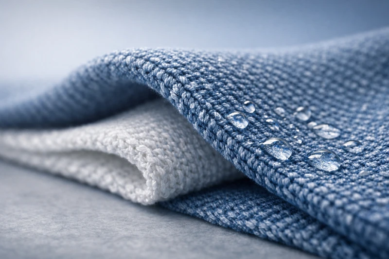 Close-up view of moisture-wicking fabric structure showing layered knit construction and fiber texture for performance evaluation