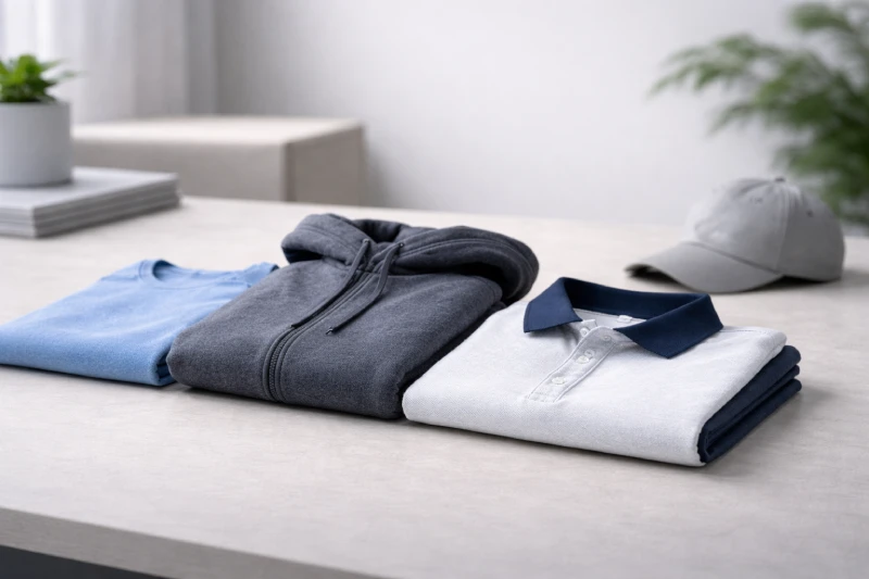 Évaluation multi-catégories montrant un vêtement de sport, un hoodie, un polo et une casquette pour la planification des achats B2B