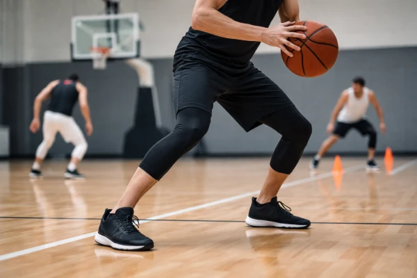 3/4 length compression sports tights worn during indoor basketball training session
