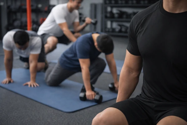 Men wearing short sleeve compression training shirts during indoor gym workout session