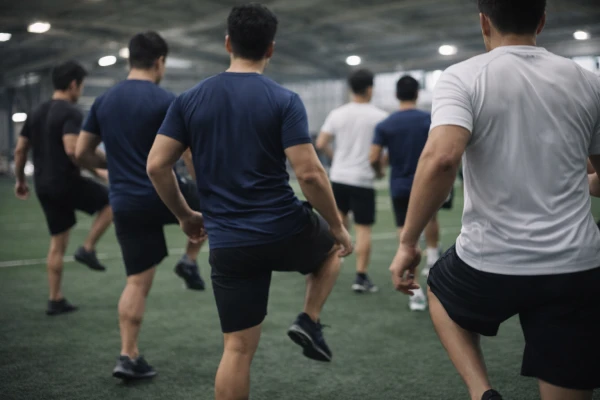 Athletes wearing short sleeve compression shirts during structured team training