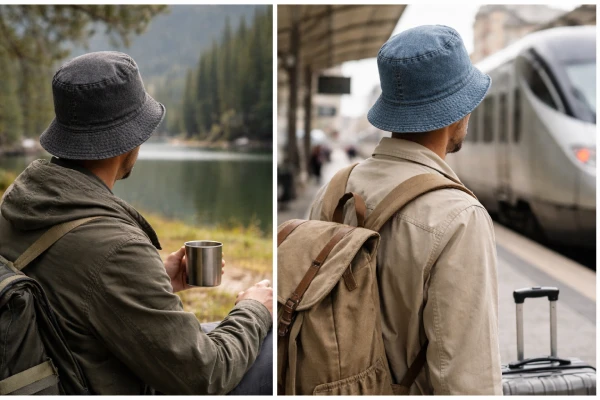 Cotton denim bucket hat used as a travel accessory