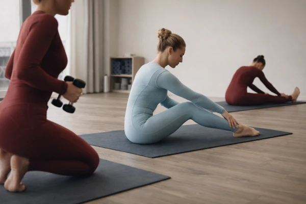 Full-length long sleeve yoga fitness bodysuit used in studio training environment
