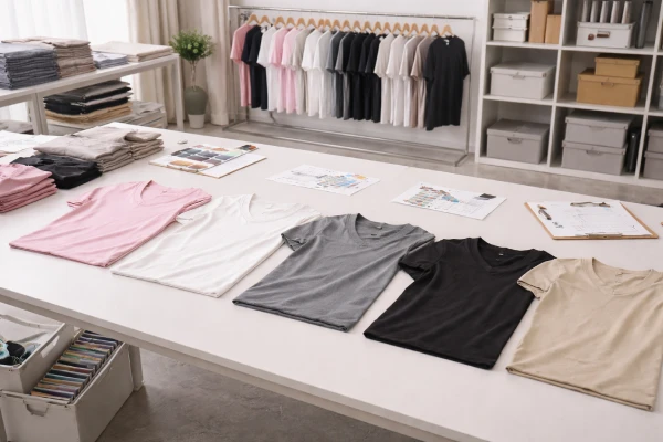 Women’s washed cotton short sleeve T-shirts arranged for private label sampling and development review.