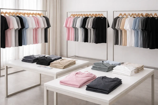 Women’s washed cotton short sleeve T-shirts displayed in a structured retail showroom environment.