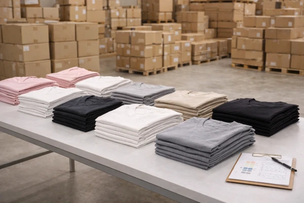 Folded women’s washed cotton short sleeve T-shirts prepared for bulk wholesale distribution.