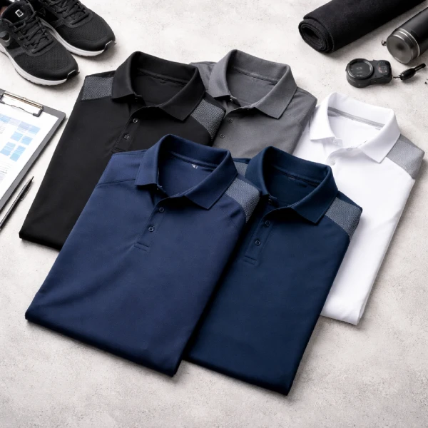 Performance polo shirts for gym staff and reception teams arranged flat lay, showcasing professional and breathable uniform apparel for fitness environments