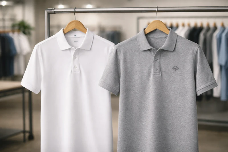 Deux polos unis sur cintres montrant la structure du col et une petite broderie pour les programmes d’uniformes d’entreprise