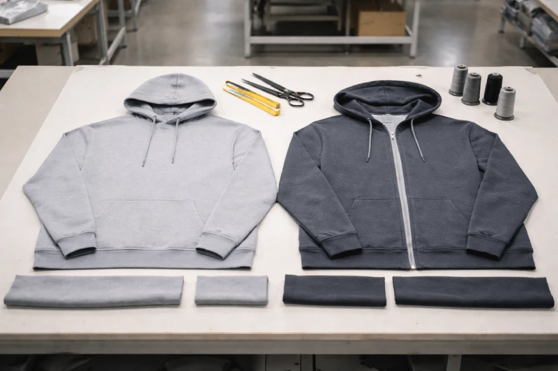 Stoffteile von Pullover- und Zip-up-Hoodies auf einem Zuschnitttisch in der Fabrik, die Konstruktionsunterschiede für die Bulk-Bekleidungsfertigung zeigen.