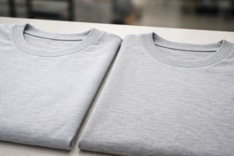 مقارنة جنبًا إلى جنب بين أقمشة تيشيرت من قطن مغزول حلقيًا 100% ومزيج قطن-بوليستر على طاولة فحص احترافية، مع إبراز نعومة الحياكة وفروق ملمس السطح لتقييم طباعة DTG.