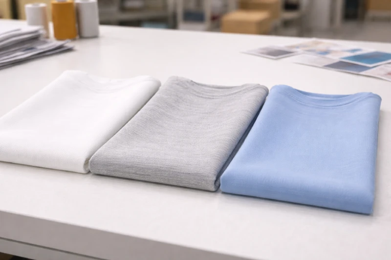 Comparaison macro d’échantillons de tissu tricoté en coton ring-spun, mélange coton-poly et polyester léger pour l’évaluation de production en gros de T-shirts personnalisés.