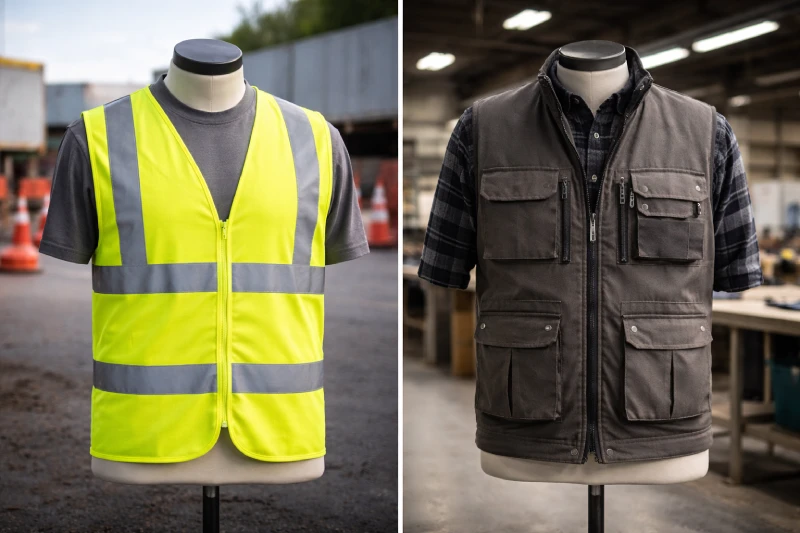 Industrial comparison showing a high-visibility safety vest and a utility-focused workwear vest in different work environments